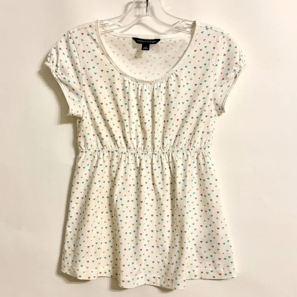 Vintage TOMMY HILFIGER Babydoll Knit Crew Top Girl's Size L White w/Hearts Y2K